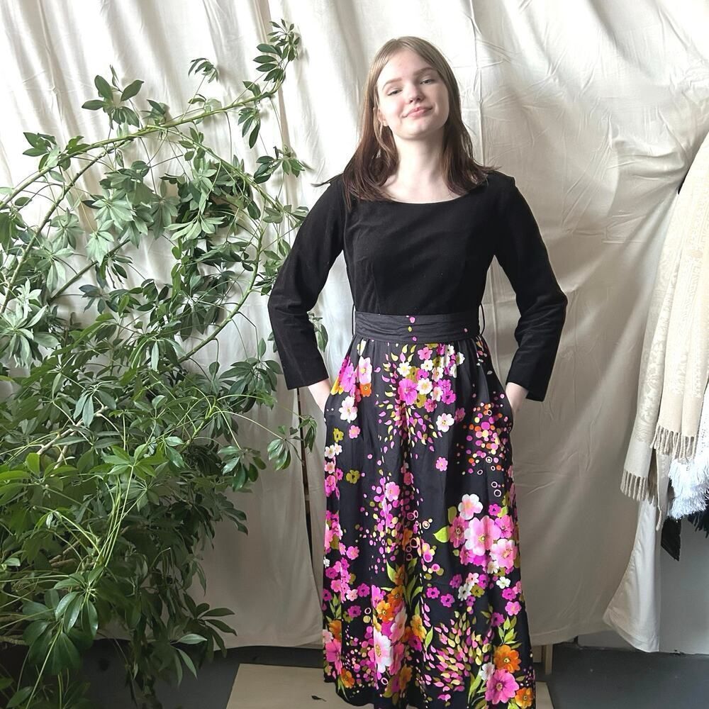 Vintage 70s Black Velvet with Pink & Orange Florals Long Sleeve Maxi Dress